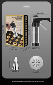 Detailed view of stainless steel cookie press set including nozzles and patterned discs