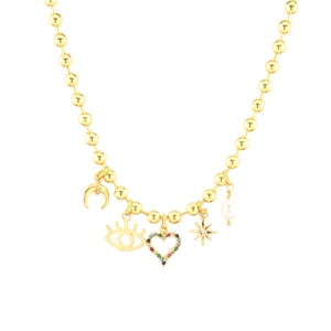 Exotic 18K gold plated beaded necklace with zircon crescent, heart, and pearl charms