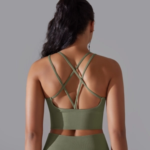 Detailed back view of olive green ribbed sports bra with criss-cross strappy design