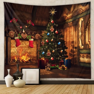 Detail of Christmas tree tapestry showing warm fireplace and holiday gift box patterns