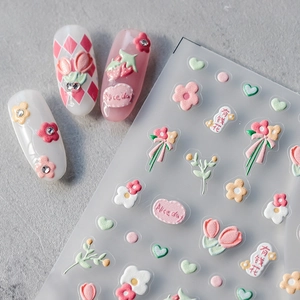 Stickers nail art 5D en relief 3D avec motifs de tulipes et de fraises