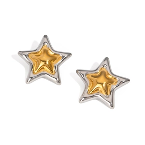 Macro detail of two-tone star earrings in gold and silver stainless steel finish