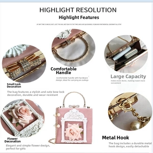 Detailed views of pink flower crossbody bag with rhinestone bow and pearl chain