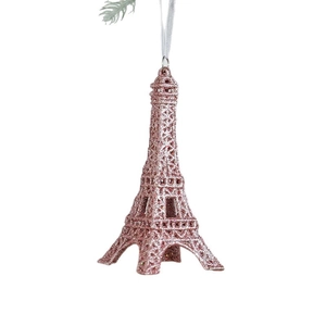 Pink glitter Eiffel Tower Christmas ornament for tree decoration with silver ribbon