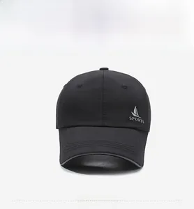 Front view of black sports baseball cap with white sailboat logo and sports print detail