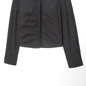 Slim fit plaid long sleeve top for women featuring front ruched pleated detailing