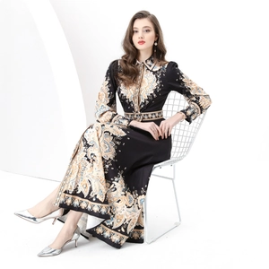 2025 vintage court style long sleeve floral maxi dress with waist belt and lapel collar