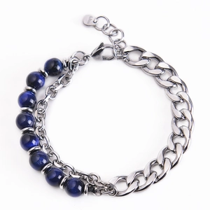 Detail of blue tiger eye beads and stainless steel chain with lobster clasp and S.Steel tag