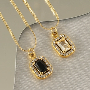 18K gold-plated double-layer necklace with square zircon pendant in black and clear stones