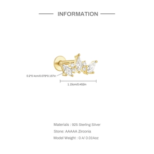 Detailed dimensions and materials for a 925 sterling silver moon stud with zircon stones