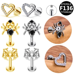 Titanium Internally Threaded Lip Ring Heart Spider Labret Stud Ear Cartilage Piercing Jewelry Rhinestone Inlaid Punk Body Piercing For Men Women