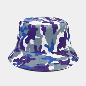 Detail of parallel stitching and cool blue camouflage pattern on a durable sun bucket hat
