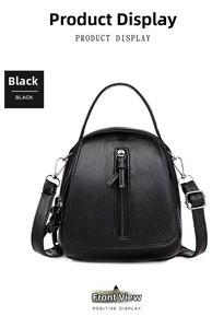 Front view of black PU leather crossbody bag with lychee texture and vertical zipper detail