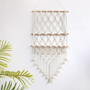 Bohemian 3-tier woven cotton rope wall tapestry shelf with tassels and wooden beads decor