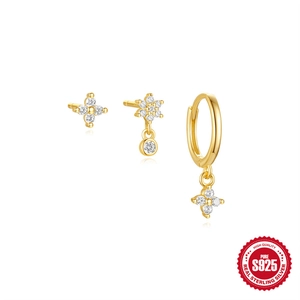 S925 sterling silver geometric octagon and flower earring set with marquise zircon stones