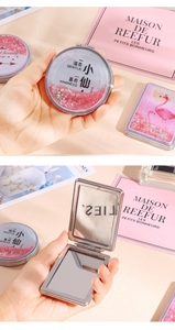 Handheld portable folding makeup mirror with pink glitter quicksand and double side