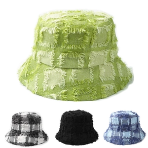 Checkered Bucket Hat Women Frayed Edge Fringed Sun Protection Wide Brim Distressed Streetwear