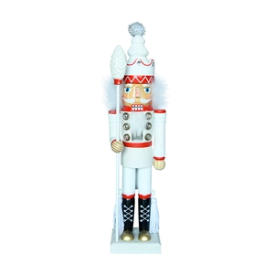 Classic red and white wooden nutcracker soldier ornament with spear and white fur details