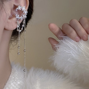 Silver crescent C-shape ear cuff with zircon flower design and long pearl tassel chains