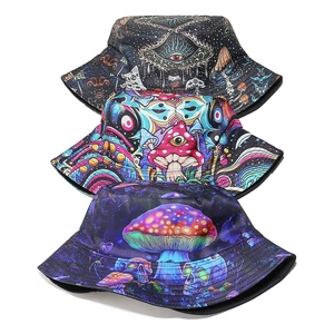 Colorful bucket hats with mushroom and skull prints in a stacked vertical layout