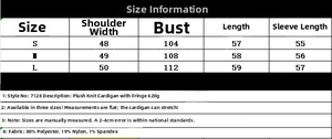 Size guide table for knit hooded cardigan with drawstring fringe and fabric specs