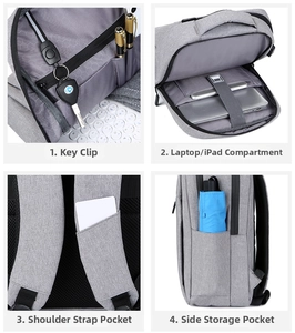 Detail of laptop sleeve, key clip, shoulder strap card slot and side bottle pocket