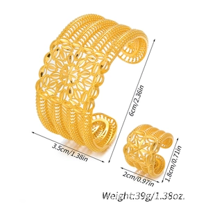 Detailed size chart showing golden hollow carved open bangle and matching ring dimensions