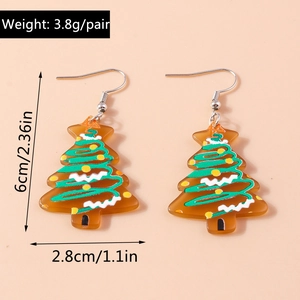 Detailed view of acrylic Christmas tree earrings with size and weight specifications