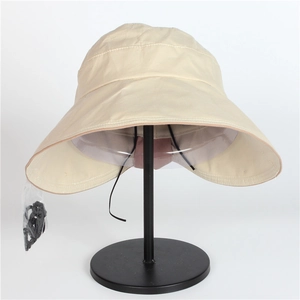 Beige wide-brim sun hat for women featuring a black adjustable wind cord for UV protection