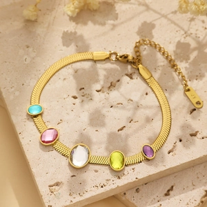 18k gold plated snake chain bracelet with five colorful oval zircon gemstones and JY tag