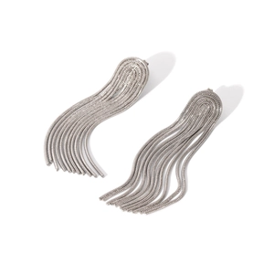Macro shot of silver snake chain tassel earrings in U-shaped drape on white background