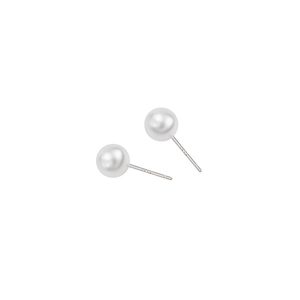 Elegant round white pearl stud earrings with S925 sterling silver needles on white background