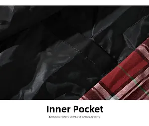 Macro detail of men's checkered jacket showing functional inner pocket and black lining