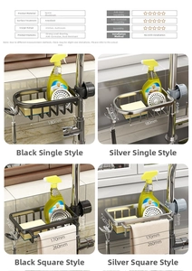 Macro detail of black and silver space aluminum faucet storage rack showing dimensions
