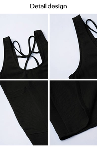 Detailed views of black summer sundress featuring cross back straps and side pockets design
