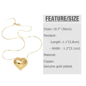 Detailed size chart for the gold plated heart pendant necklace showing dimensions and materials