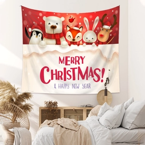 Bedroom wall with Christmas tapestry featuring cartoon penguins and reindeer animals