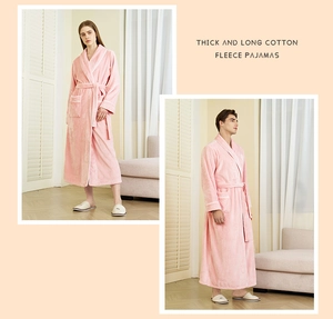 Detailed view of pink long-length thick flannel bathrobe with lapel and waist tie