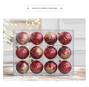 Set de 12 boules de Noël rouges avec paillettes dorées dans une boîte transparente