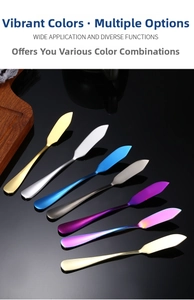 Detailansicht der 410 Edelstahl Buttermesser in verschiedenen Farben auf schwarzem Grund