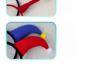 Detail of plush clown headband with soft knit texture and colorful pom-poms for Halloween
