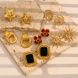 Vintage 18K Gold Plated Stainless Steel Stud Earrings For Women Flower Geometric Sun Star Artificial Pearl Zircon Fashion Jewelry