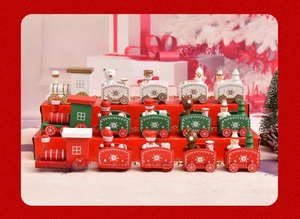 Close-up of 5-section wooden Christmas train with Santa, snowman and bear figurines