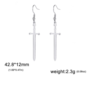 Gothic silver sword drop earrings in stainless steel with size and weight specs