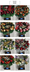 Gewichtsmessung von acht verschiedenen Weihnachtskränzen mit roten Beeren und Kugeln