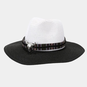 Straw Cowboy Hat Ethnic Bull Head Decor Breathable Summer Sun Protection Beach Panama Style Unisex Wide Brim Sunhat