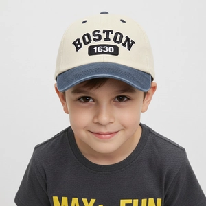 Kids breathable cotton baseball cap with Boston 1630 embroidery and blue brim