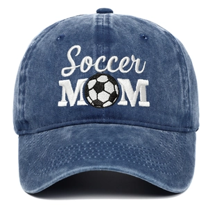 Distressed denim baseball cap with Soccer Mom white embroidery and soccer ball icon