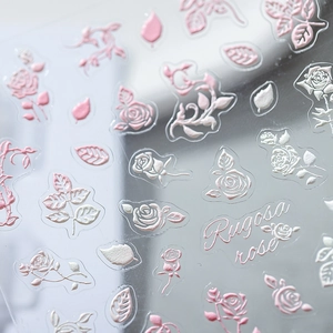 3D embossed rugosa rose nail stickers with delicate pink flowers on transparent backing