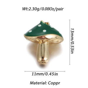 Detailed view of green mushroom charm in copper with size specs 13mm by 11mm